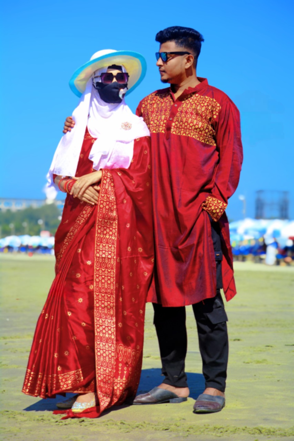 প্রিমিয়াম বধুয়া বেনারশি জাপানি সিল্ক কাপল সেট (মেরুন কালার )